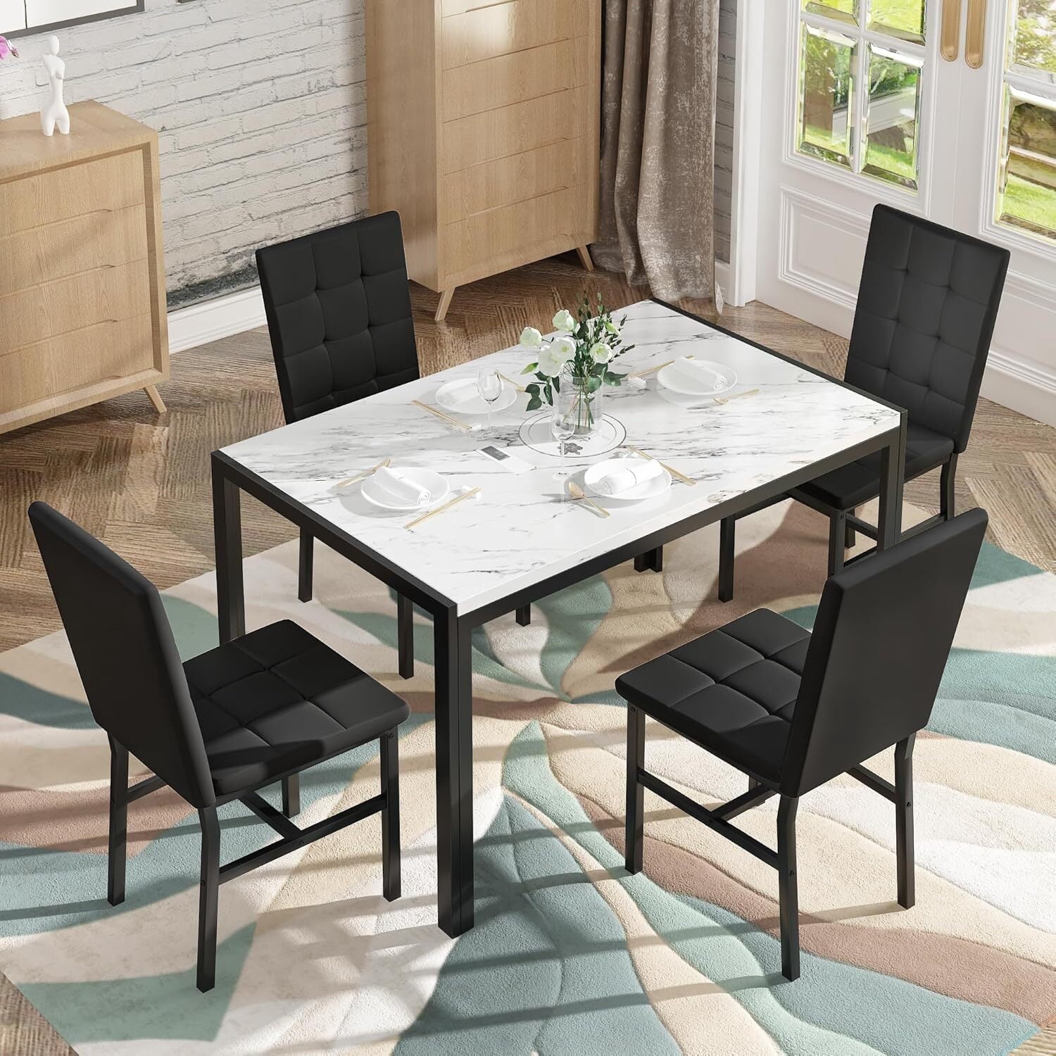 MOOSENG 5-Piece Dining Table Set with Faux Marble Top, Modern Kitchen Table and Set of 4 Grey Velvet Upholstered Chairs, Space-Saving Dinette Set for Small Spaces