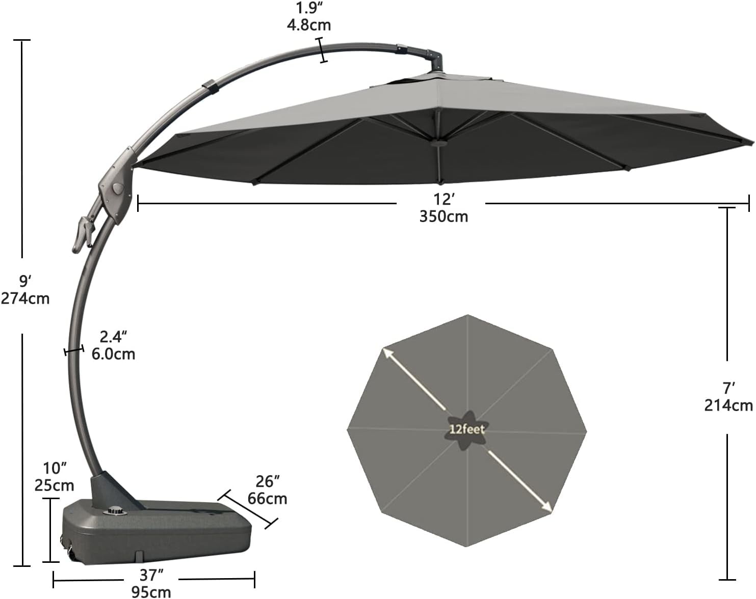 GRANDPATIO 12 Ft Outdoor Umbrella with Base, Large Aluminum Cantilever Offset Umbrella for Patio Pool, Black & White