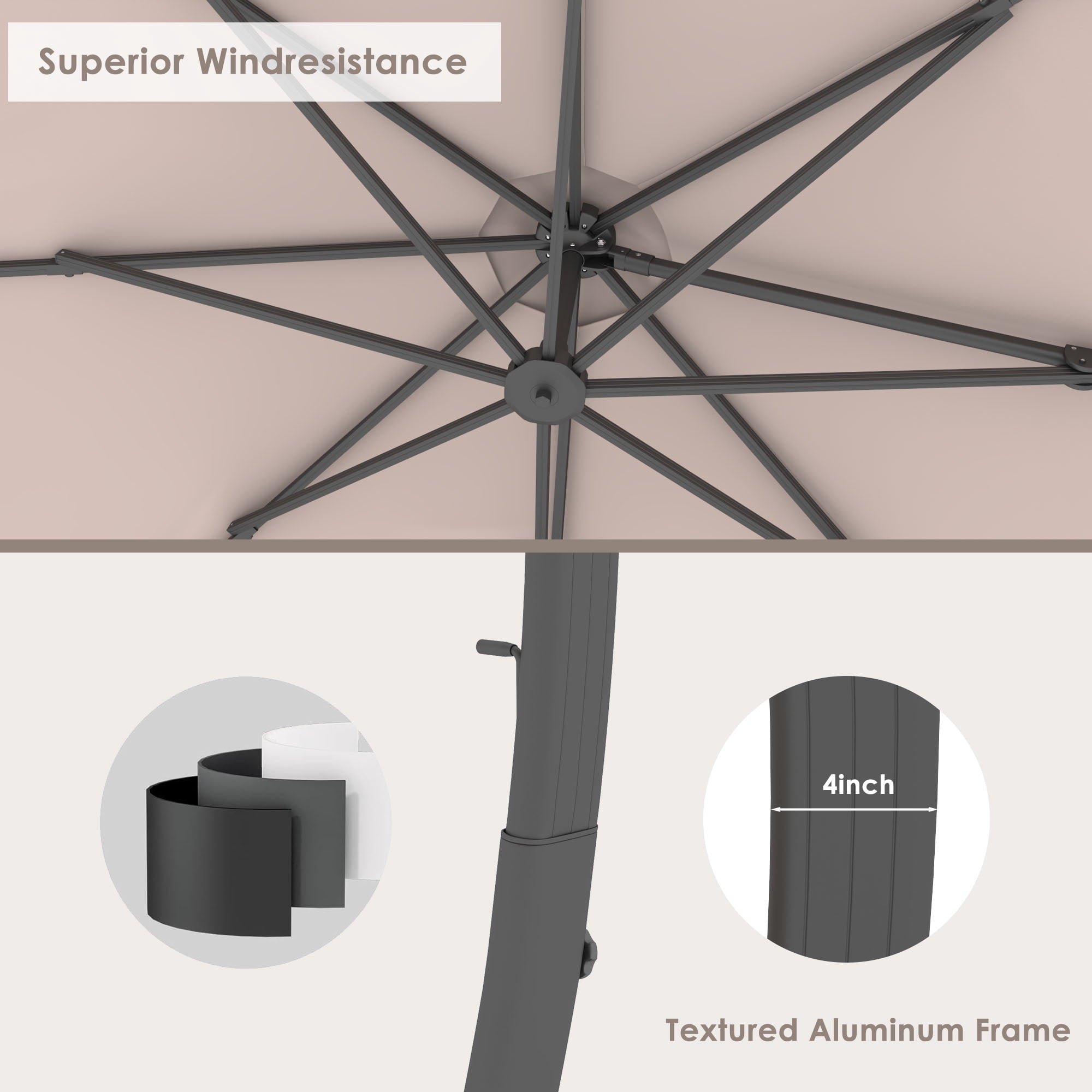 LAZZO 12ft Outdoor Patio Umbrella with Base and Lights, Aluminum Offset Cantilever Umbrella for Pool Deck, Champagne