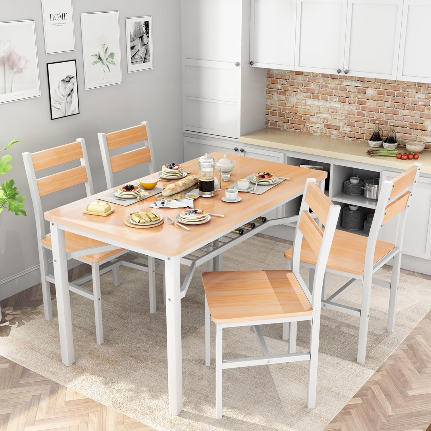 LinkRomat Dining Table Set for 4, Farmhouse Kitchen Table with 4 Wood Chairs, Dining Room Set for Breakfast Nook, Small Places, Restaurant, Gray