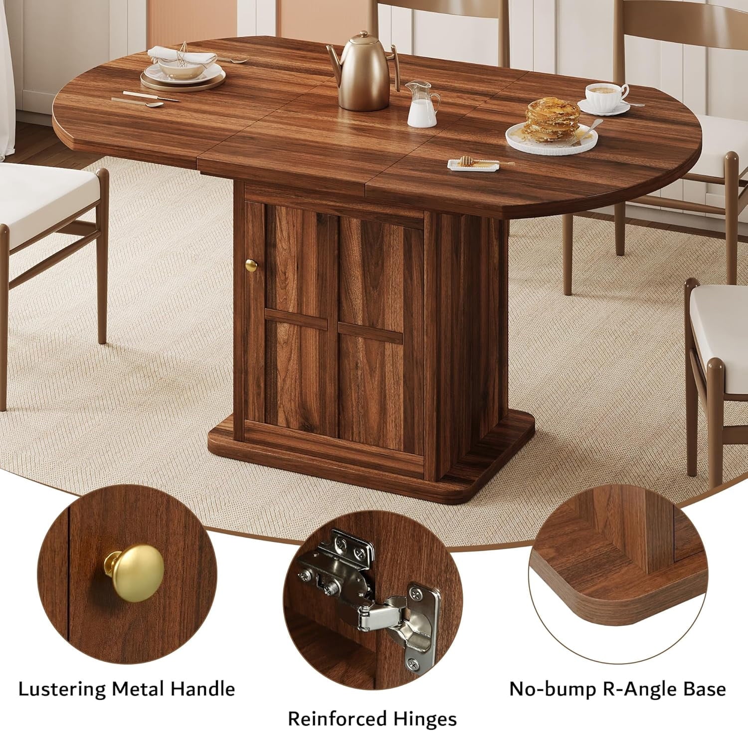 iPormis Extendable Round Dining Table for 4-6, 59'' Modern Kitchen Table with 2-Tier Storage Shelf, Wood Door, MDF Board, Space Saving Oval Dinner with Sturdy Pedestal Base, Kitchen, Dining,Walnut