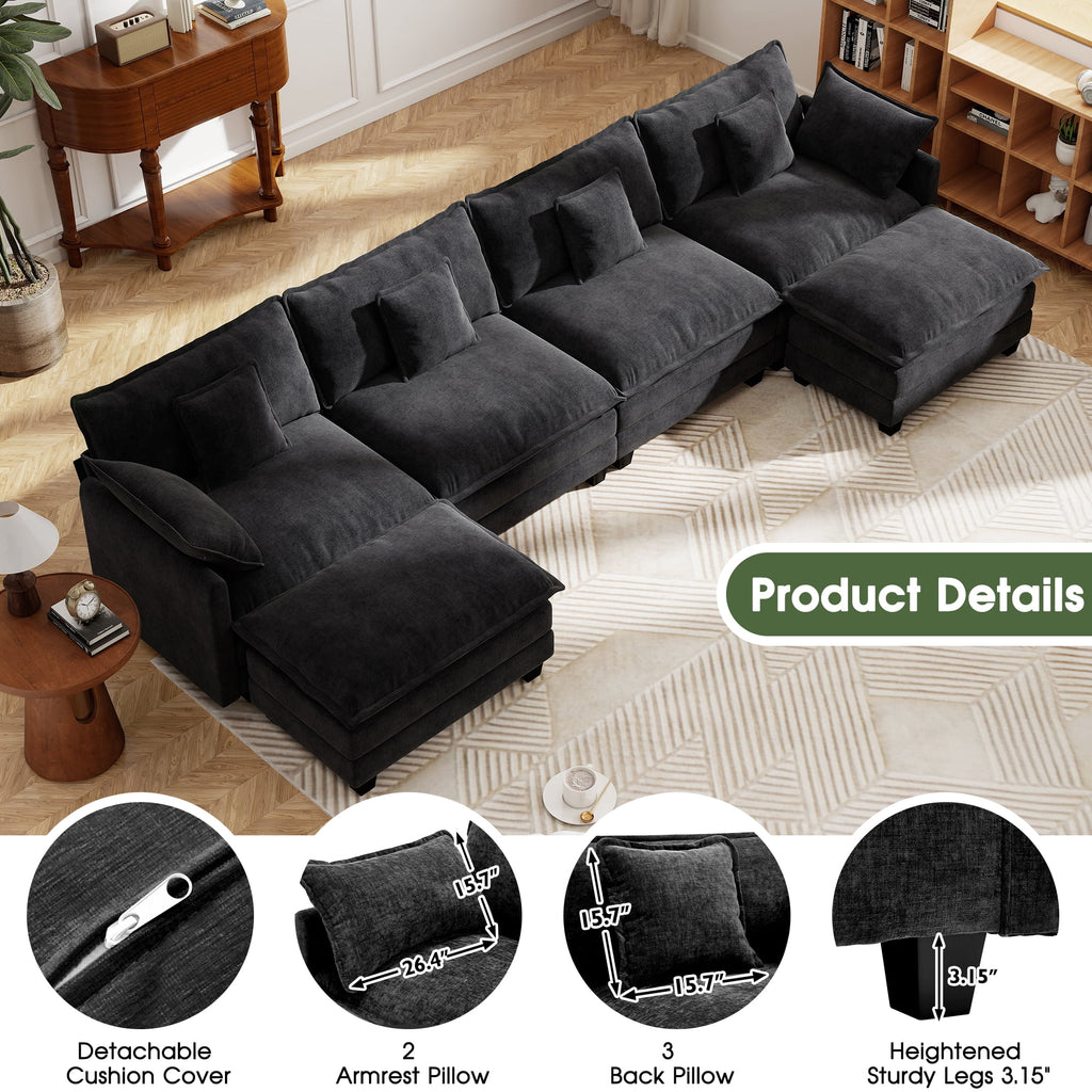 BedLuxury 111.5'' Modular Sectional Sofa with Movable Ottomans, U Shaped Cloud Couch for Living Room, 3-Seat, Beige