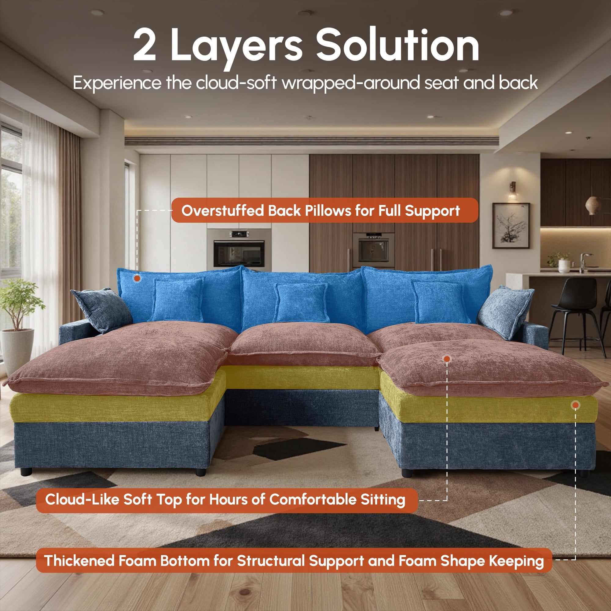 Ovios 108 Modular Sectional Sofa U-Shaped Cloud Couch with 2 Ottomans, Comfy Living Room Furniture, Chenille, Gray
