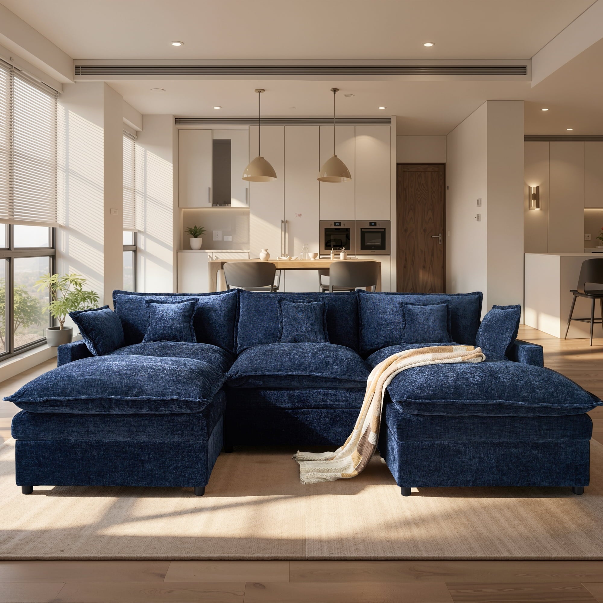 Ovios 108 Modular Sectional Sofa U-Shaped Cloud Couch with 2 Ottomans, Comfy Living Room Furniture, Chenille, Dark Blue
