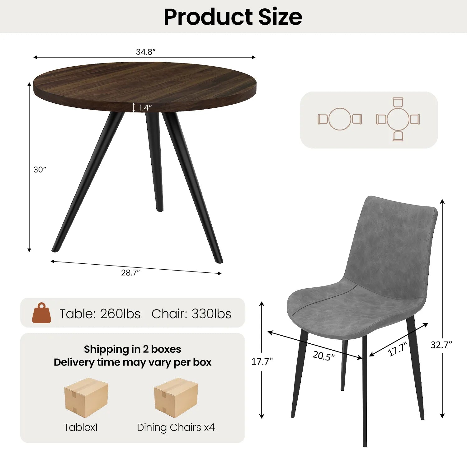 34.8 Round Dining Table Set for 4,5 Piece Mid-Century Modern Dining Set with 4 Upholstered Dining Chairs,Leisure Coffee Table for Kitchen Dining Room, Save Space