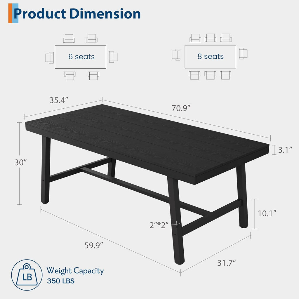 70.87 Inch Long Large Rectangle Dining Table for 6-8 People, Modern Kitchen Dining Room Table with Rustic Wooden Tabletop & Strong Metal frame(Only Gray Walnut Table)