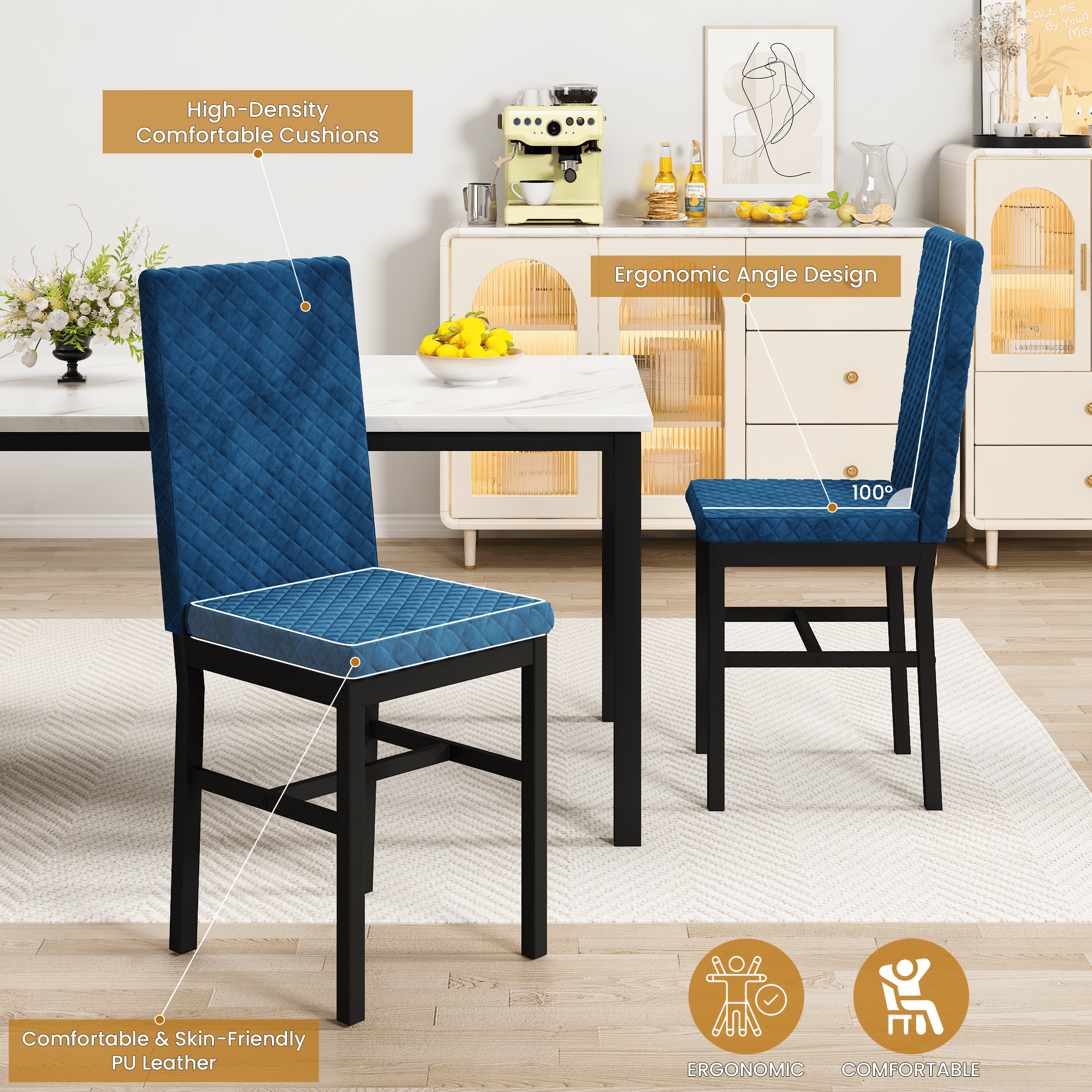 Cvortll 5 Piece Dining Table Set, Kitchen Table and Chairs Set for 4 with Faux Marble and 4 Velvet Upholstered Dining Chairs for Home, Restaurant, Black & Black