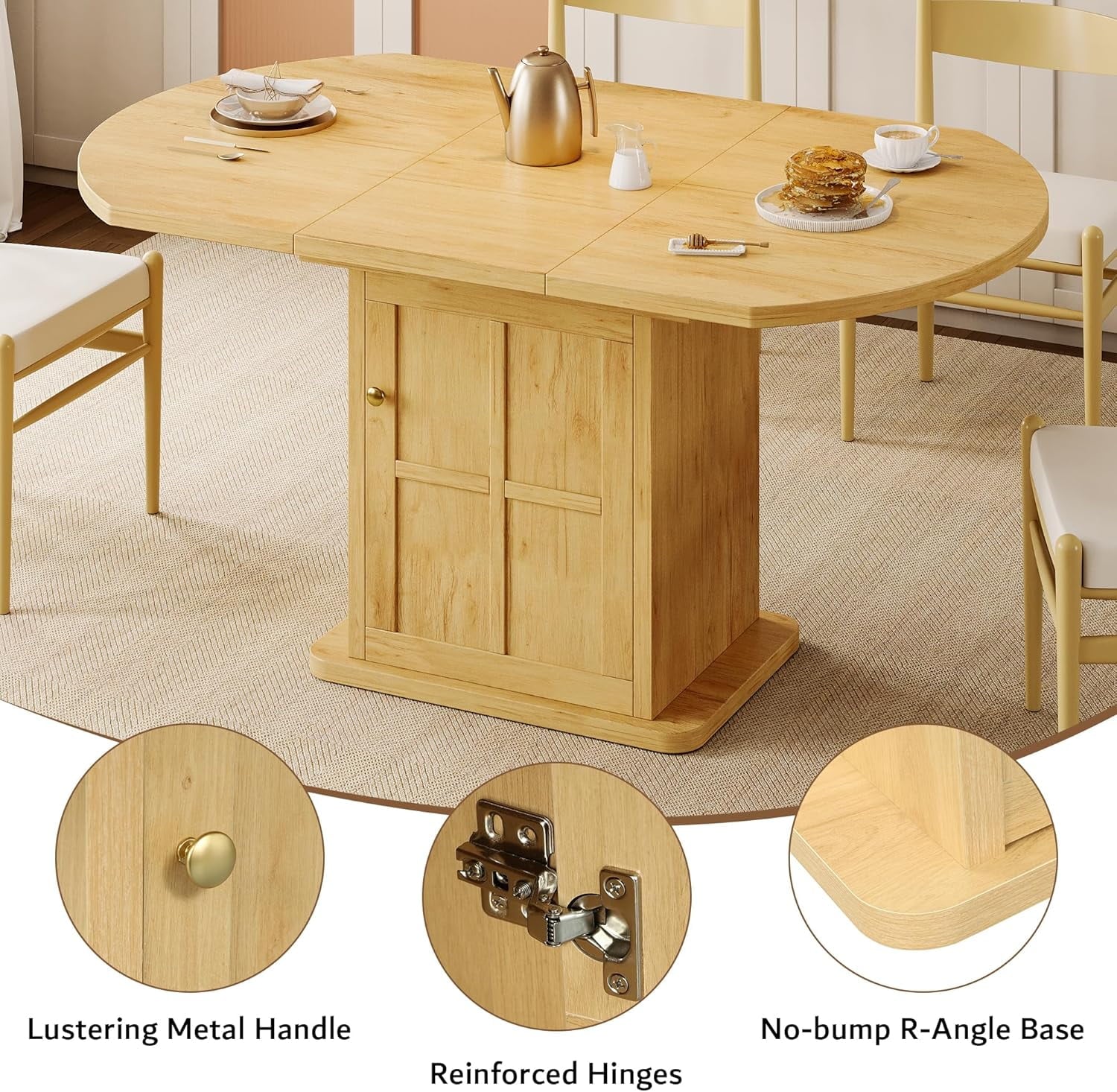 iPormis Extendable Round Dining Table for 4-6, 59'' Modern Kitchen Table with 2-Tier Storage Shelf, Wood Door, MDF Board, Space Saving Oval Dinner with Sturdy Pedestal Base, Kitchen, Dining, Natural
