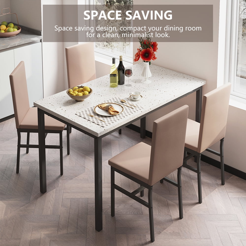 5 Piece Dining Table Set, Modern Faux Marble Tabletop and 4 PU Leather Upholstered Chairs, Rectangle Kitchen Table and Chairs for 4 Persons, Small Dining Set for Bar Dining Room Breakfast Nook