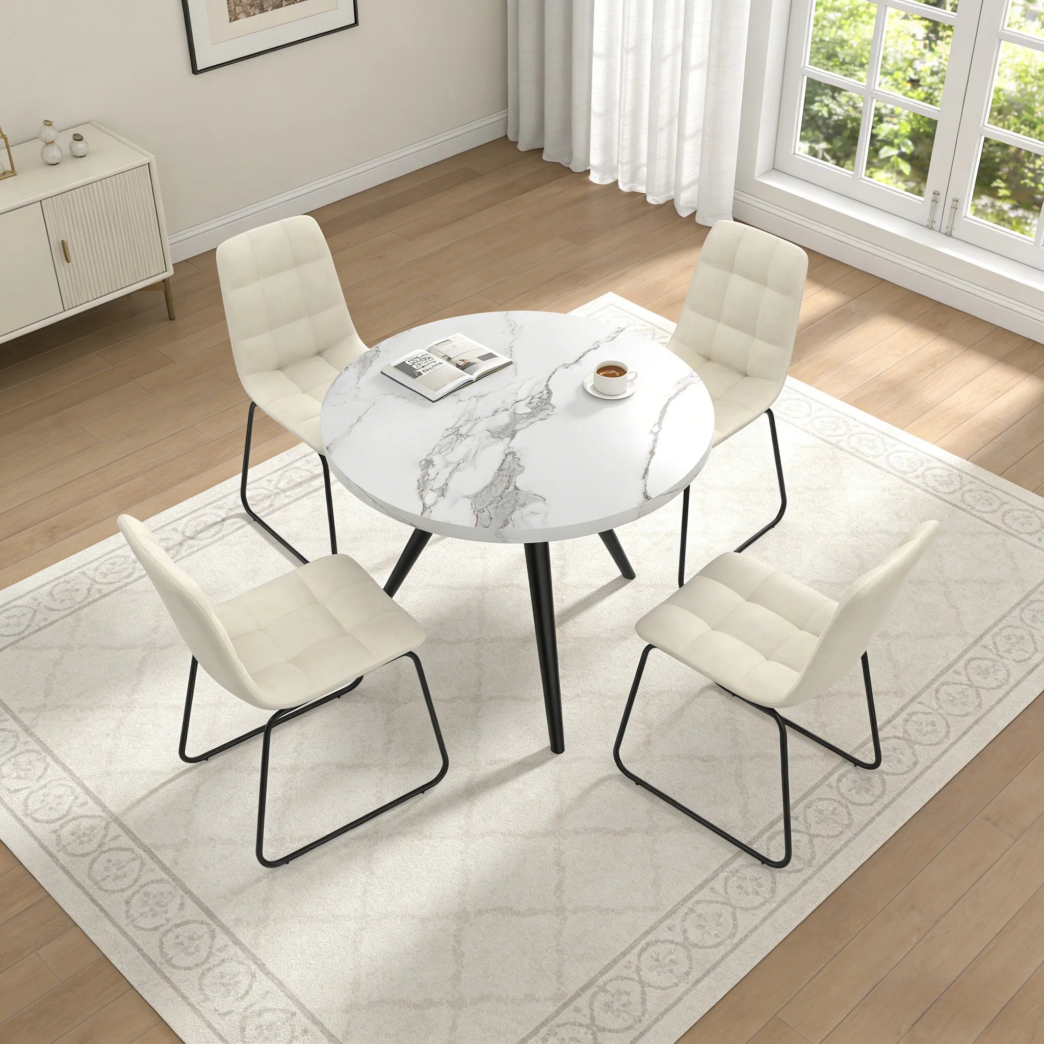 34.8 Round Dining Table Set for 4,5 Piece Mid-Century Modern Dining Set with 4 Upholstered Dining Chairs,Leisure Coffee Table for Kitchen Dining Room, Save Space