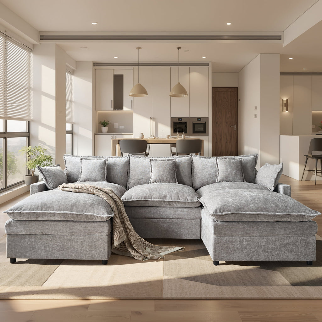 Ovios 108 Modular Sectional Sofa U-Shaped Cloud Couch with 2 Ottomans, Comfy Living Room Furniture, Chenille, Dark Blue