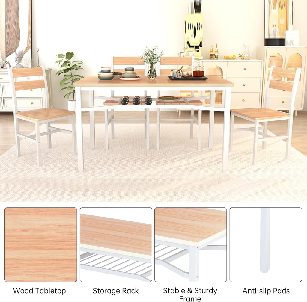 Baxluxe 4-person dining table set, farmhouse-style wooden kitchen dining table and chair set, farmhouse 5-piece dining table set with storage rack, small kitchen dining table set,Black
