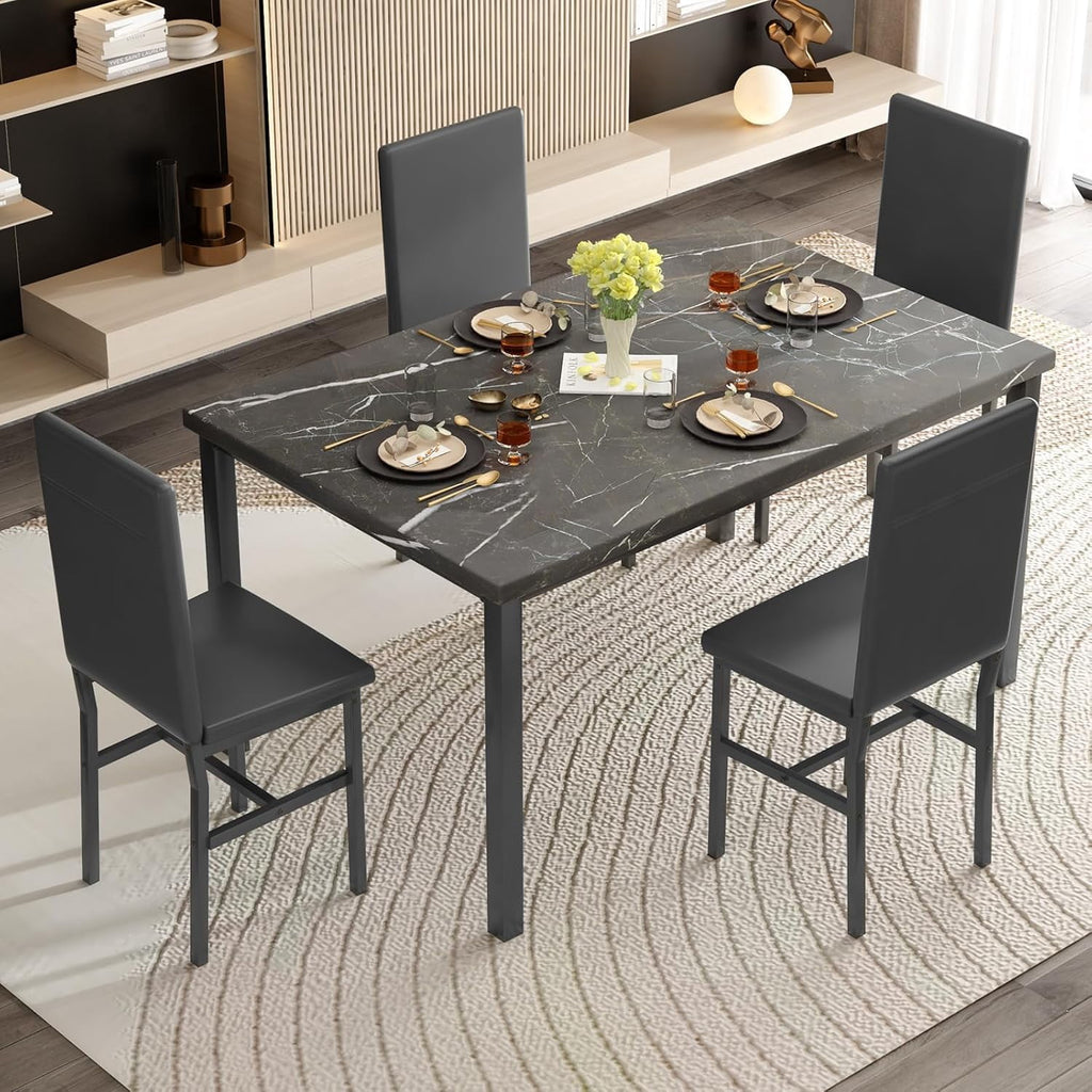 MIERES 5 Piece Dinning Table Sets for 4, Marble Kitchen Table and Chairs for 4,Dining Room Table Set with PU Leather Chairs,Faux Marble Dining Set for Small Spaces,Living Room,White+Brown