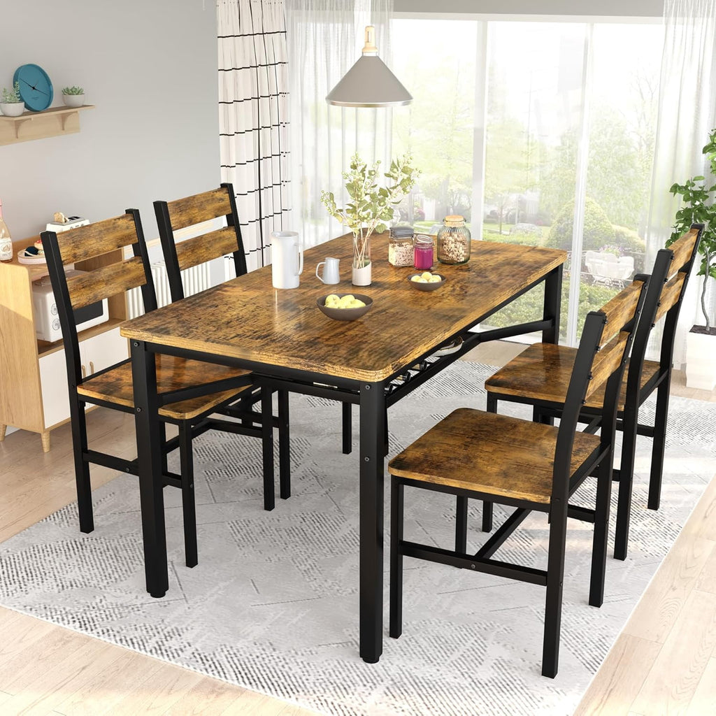 LinkRomat Dining Table Set for 4, Farmhouse Kitchen Table with 4 Wood Chairs, Dining Room Set for Breakfast Nook, Small Places, Restaurant, Gray