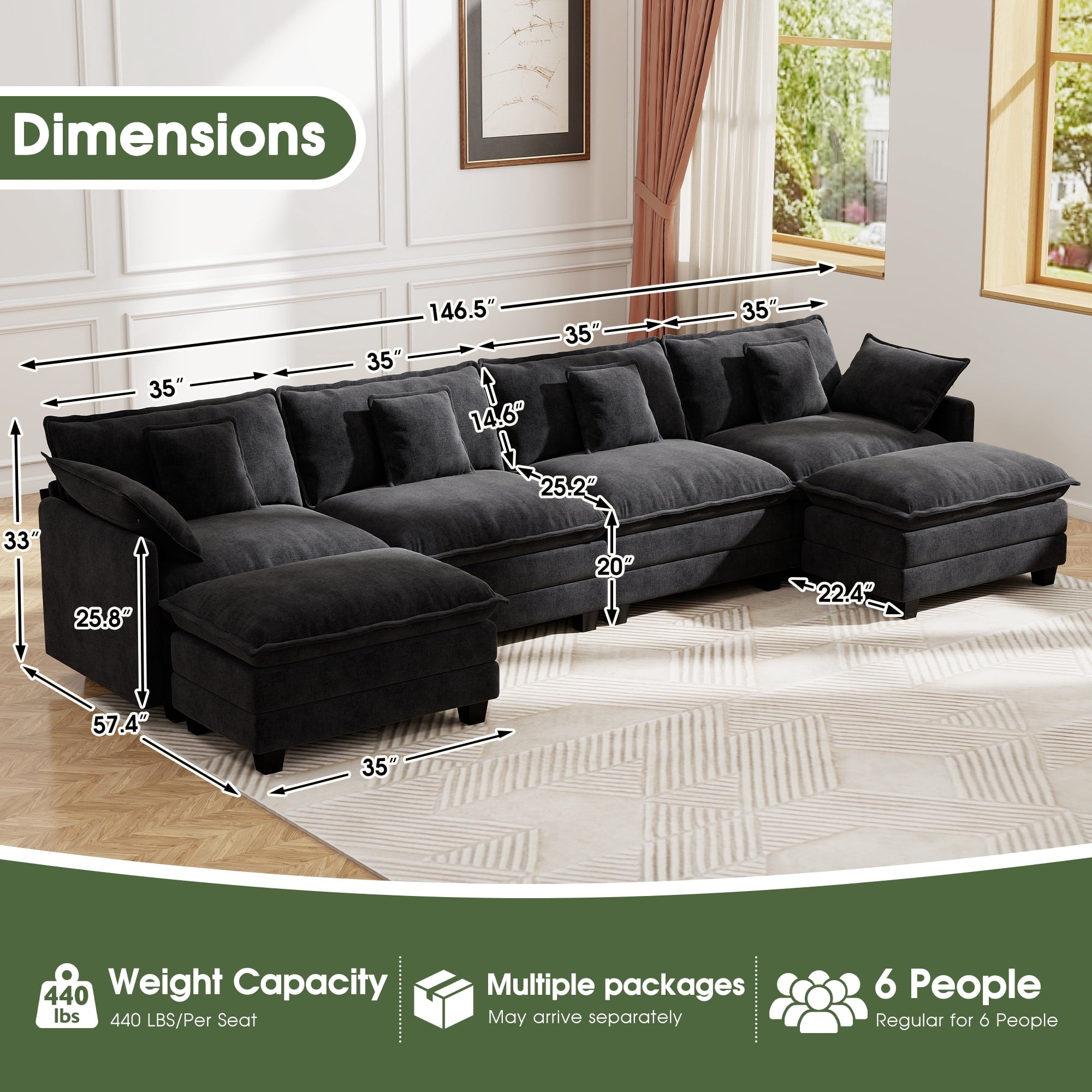 BedLuxury 111.5'' Modular Sectional Sofa with Movable Ottomans, U Shaped Cloud Couch for Living Room, 3-Seat, Beige